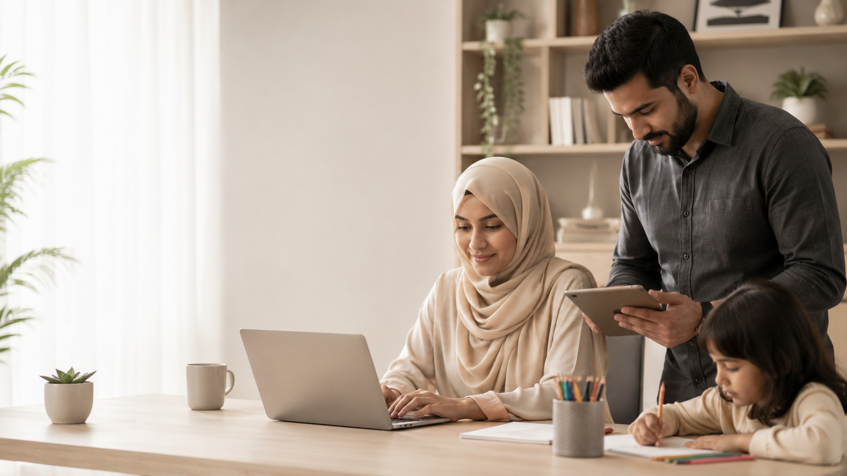 A family working together at home — woman in hijab on laptop, with partner and child nearby